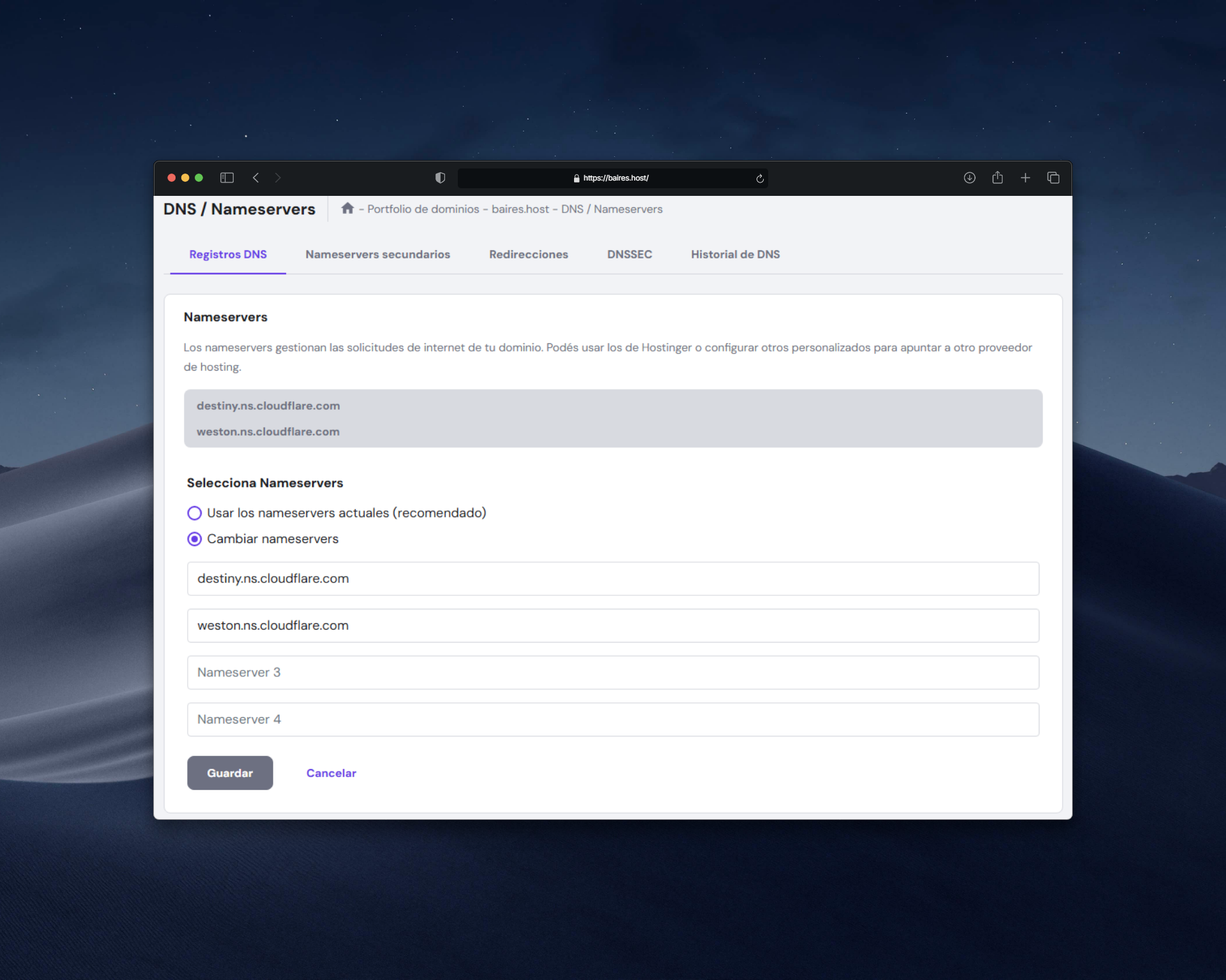 Ejemplo de cambio de nameservers
