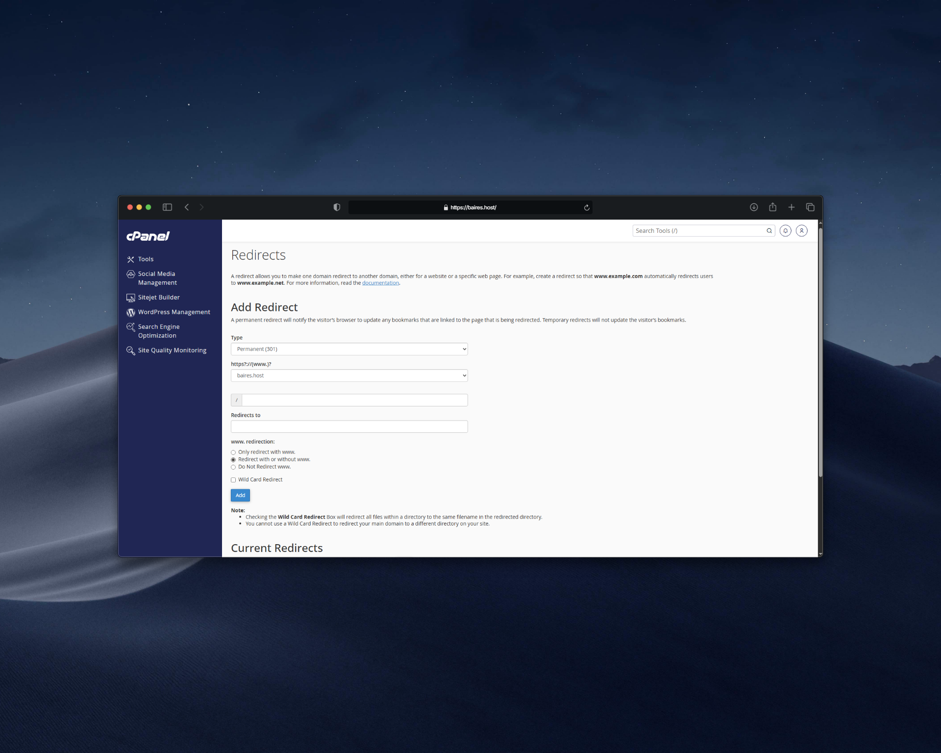 Configurar redirección en cPanel