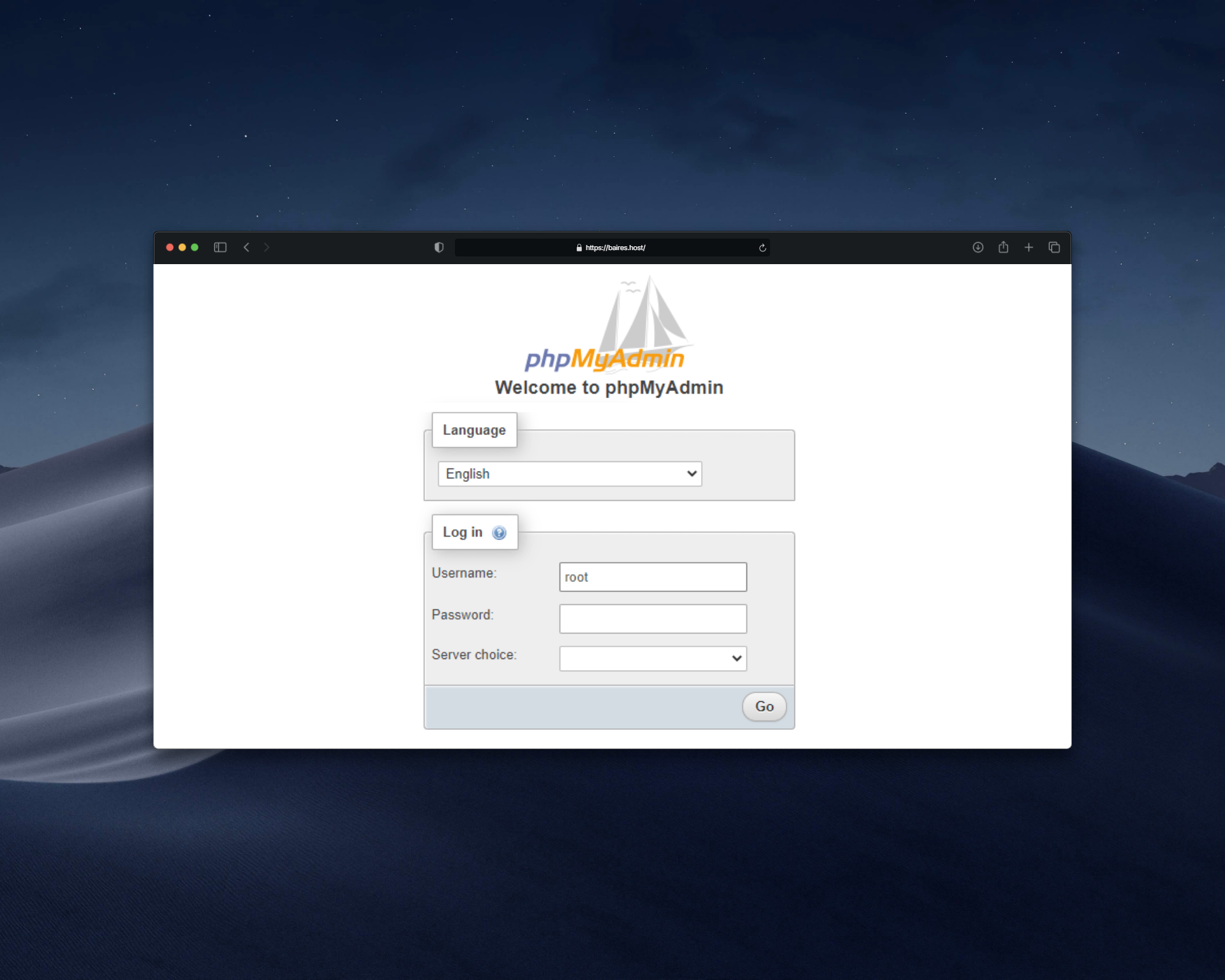 Pantalla de login de phpMyAdmin