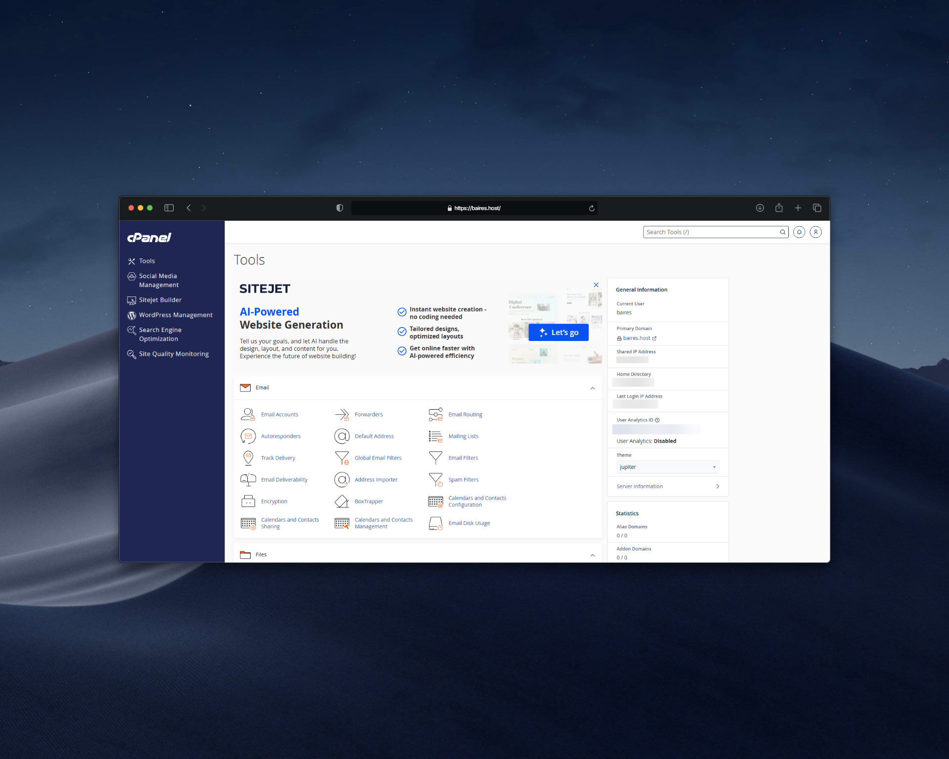 Vista principal de cPanel