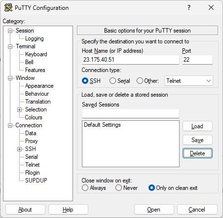 Configuración de IP y puerto en PuTTY